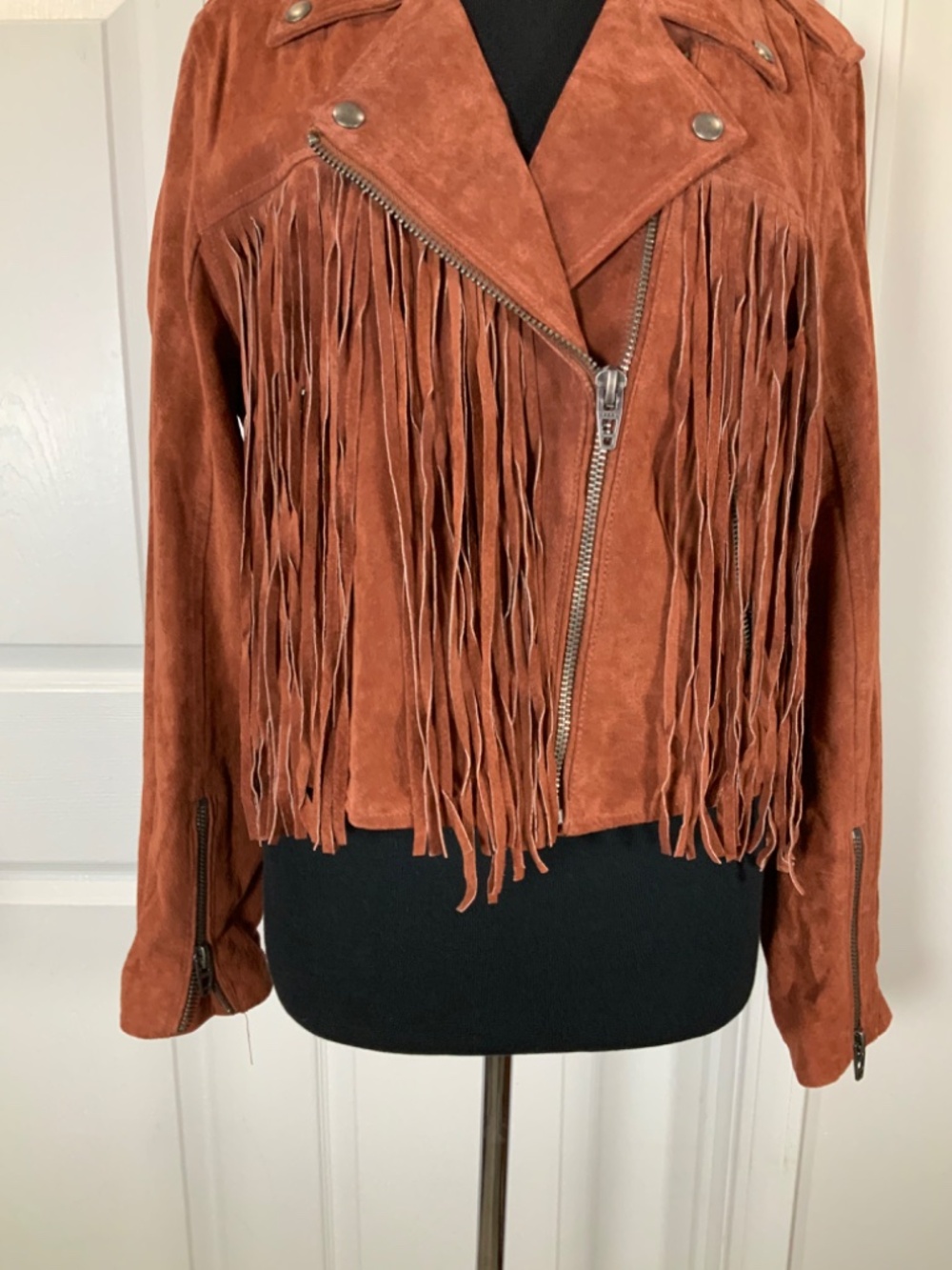 Blank NYC Rust Suede Leather Fringe Moto Biker Western Jacket Size Large Boho - Picture 5 of 10